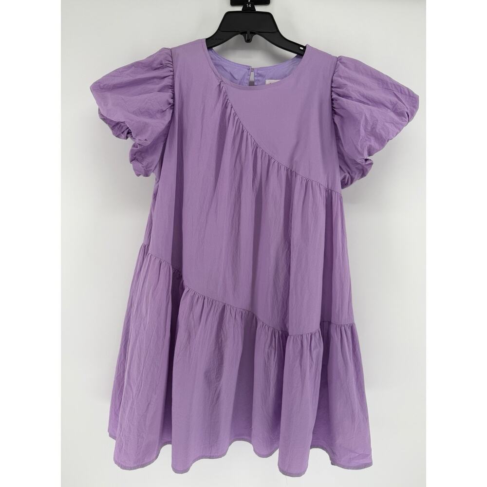 &MERCI Lavendar Puff Sleeve Layered Mini Dress Pockets